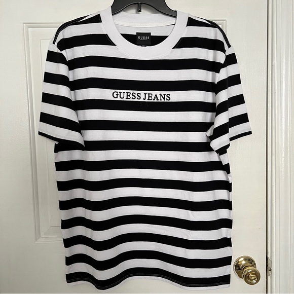 GUESS Jeans USA Men’s Classic Striped Short Sleeve Tee T-Shirt Small Black White - Picture 1 of 5